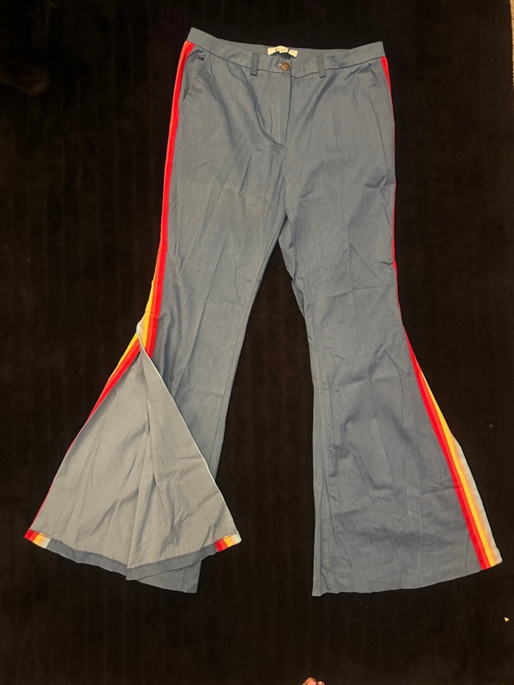 Women’s Blue Flare Pants with Rainbow Side Stripe